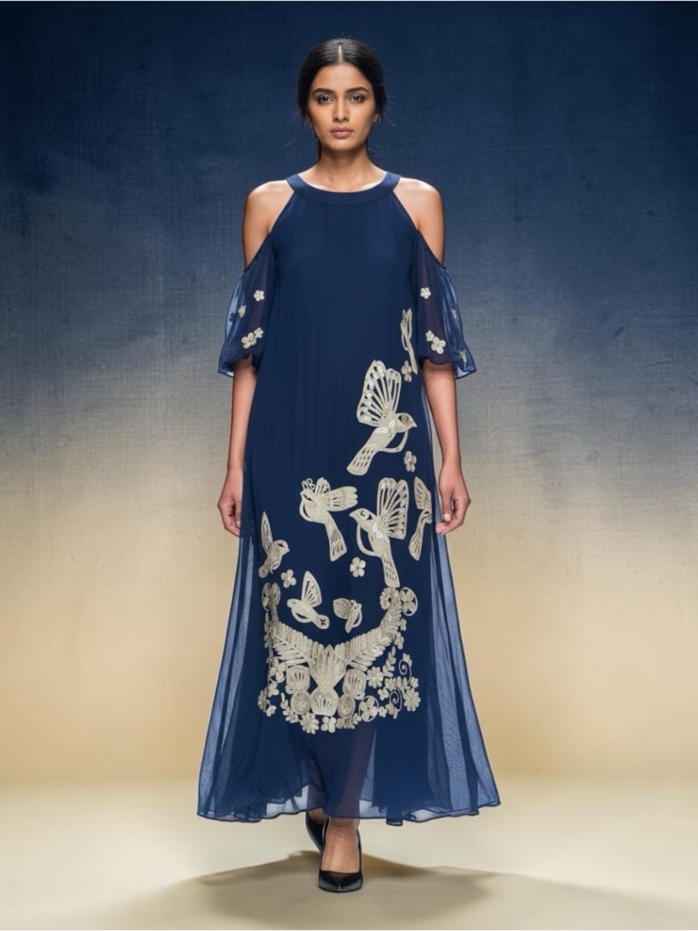 Navy Cold-Shoulder Midi Dress with Cream Bird Embroidery
